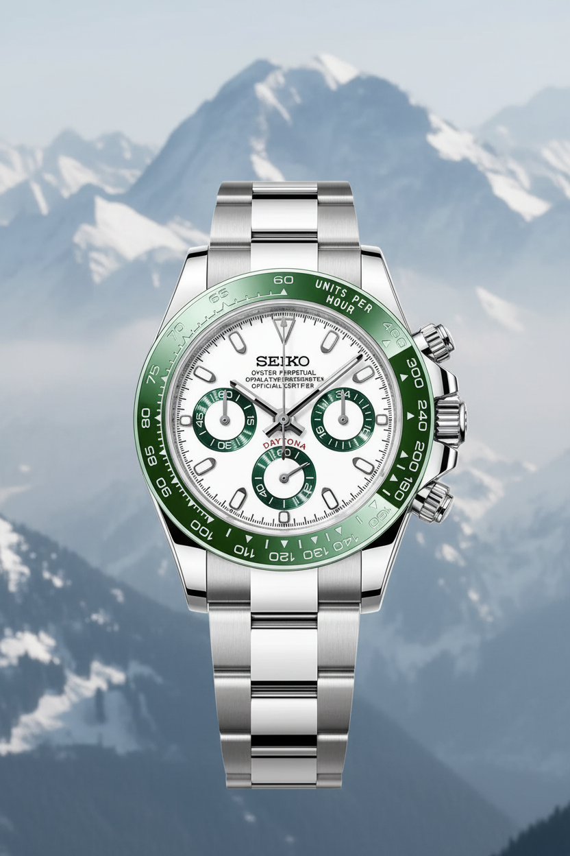 A Seiko Daytona watch with a silver stainless steel case and link bracelet, featuring a white dial with green subdials and a green bezel, set against a solid black background.