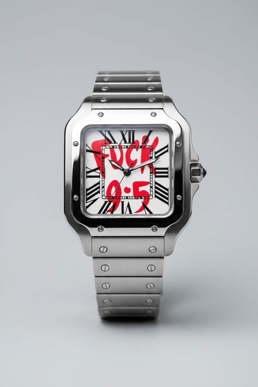 A close-up of a rectangular metal wristwatch with a silver-toned case, black Roman numeral hour markers, and a white dial featuring bold red graphic lettering. The watch is resting on a dark textured surface next to a tan leather-bound book.