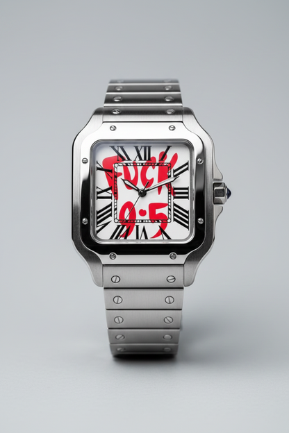 A close-up of a rectangular metal wristwatch with a silver-toned case, black Roman numeral hour markers, and a white dial featuring bold red graphic lettering. The watch is resting on a dark textured surface next to a tan leather-bound book.