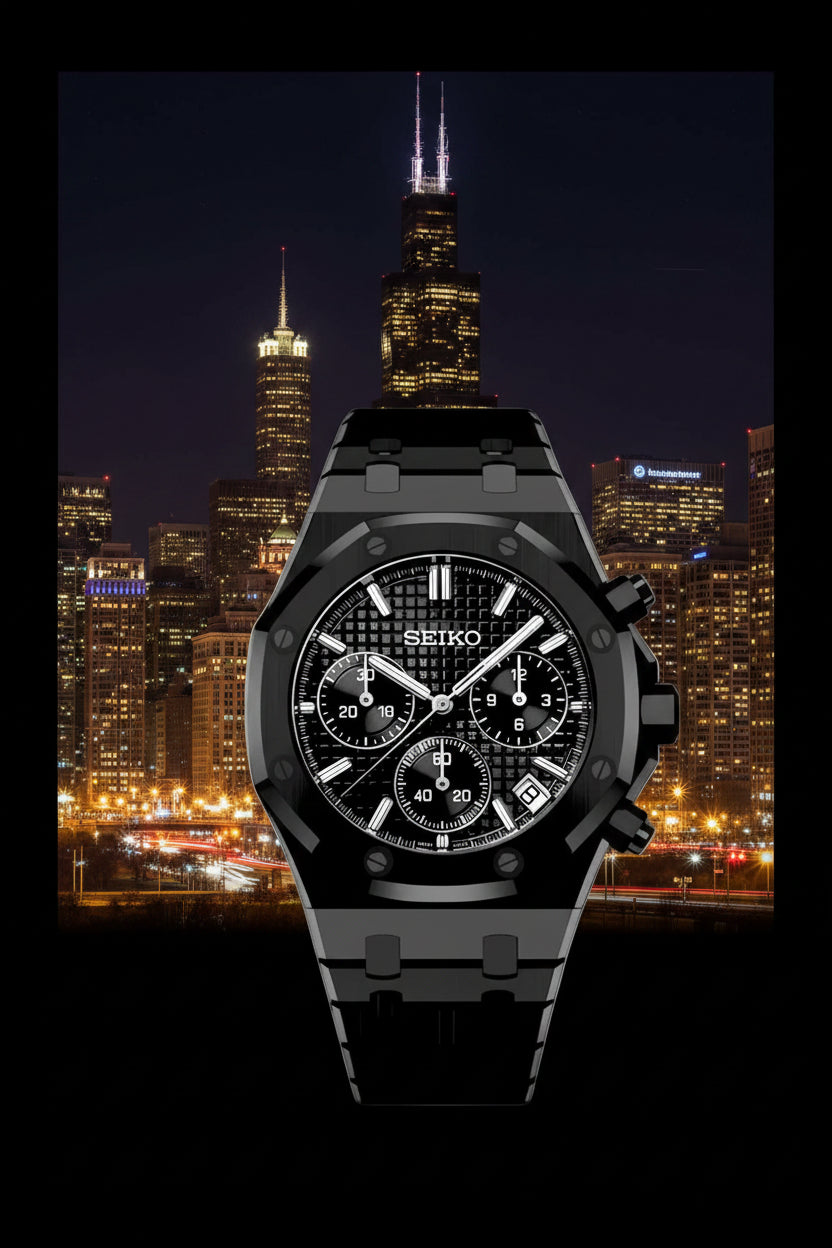 Black Seiko watch with detailed face on a black background