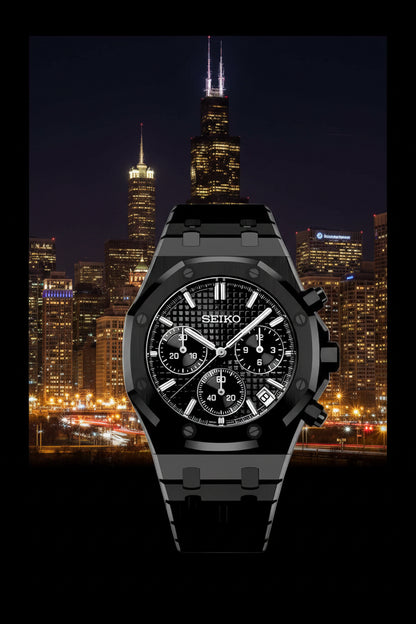 Black Seiko watch with detailed face on a black background