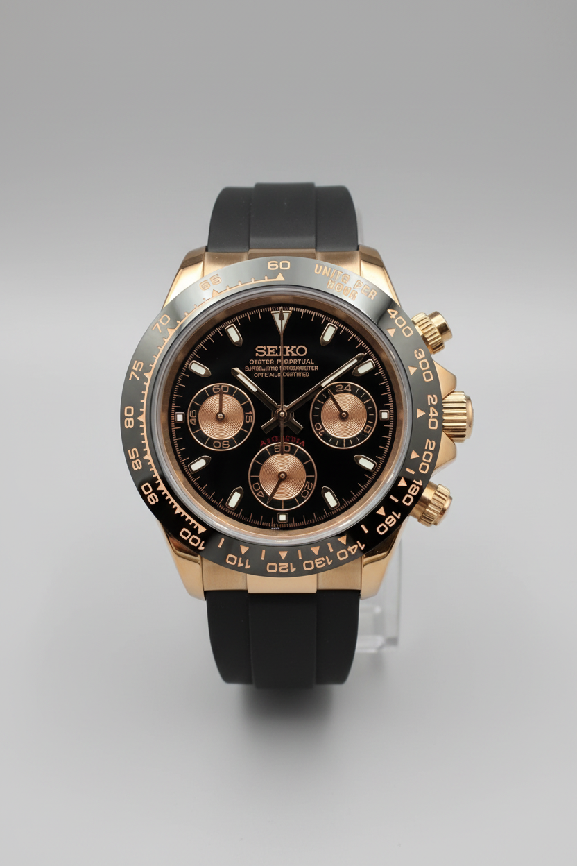 A Seiko Daytona watch with a rose gold-toned case, black dial, and black rubber strap, photographed from above on a dark gray background.