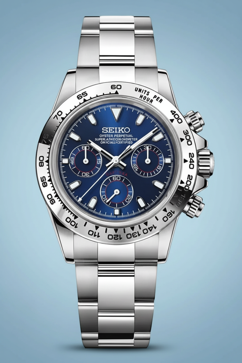A Seiko wristwatch with a silver stainless steel bracelet and case, featuring a deep blue dial with three subdials and a black tachymeter bezel, shown against a solid black background.
