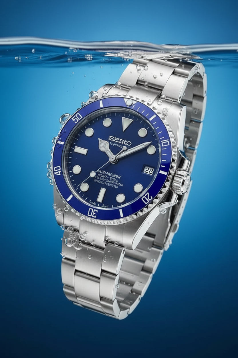 A Seiko Submariner Date watch with a blue dial and blue bezel, paired with a silver stainless steel case and link bracelet, shown against a solid black background.