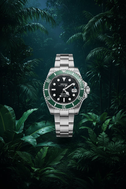 A Seiko Submariner watch with a stainless steel bracelet, black dial, and a green ceramic bezel, photographed against a dark gray background.