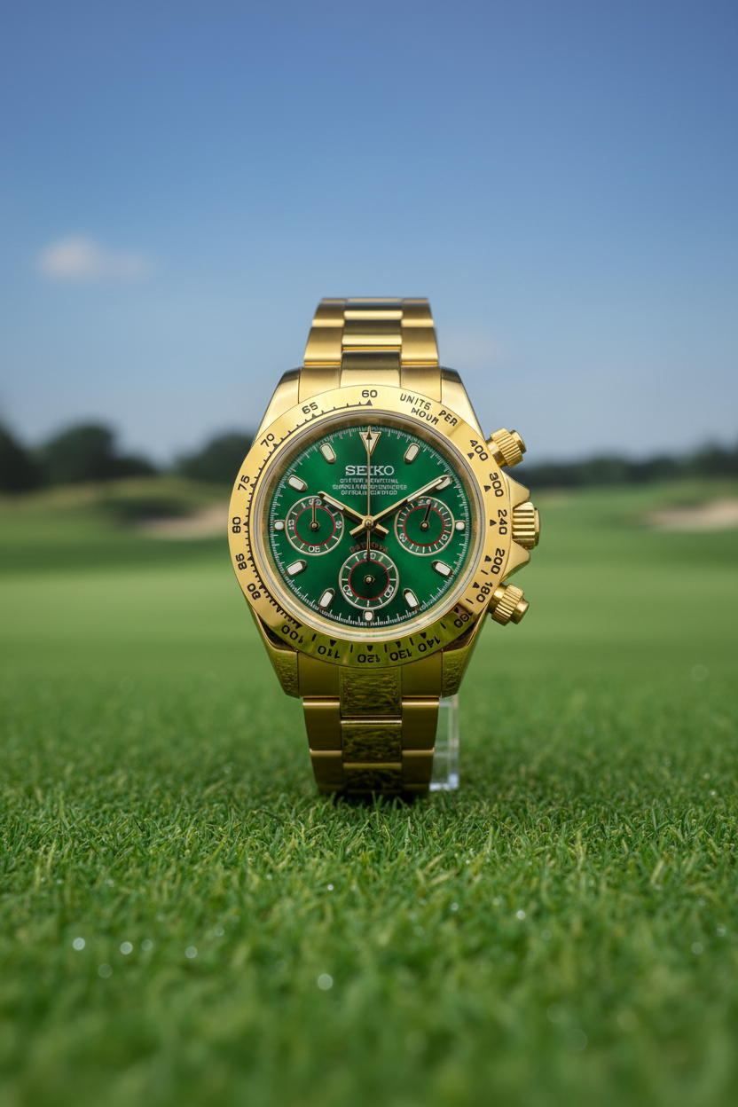 A Seiko automatic chronograph watch with a gold-tone metal case and bracelet, featuring a vibrant green dial and a matching green tachymeter bezel, photographed on a dark gray background.