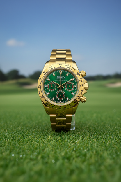 A Seiko automatic chronograph watch with a gold-tone metal case and bracelet, featuring a vibrant green dial and a matching green tachymeter bezel, photographed on a dark gray background.