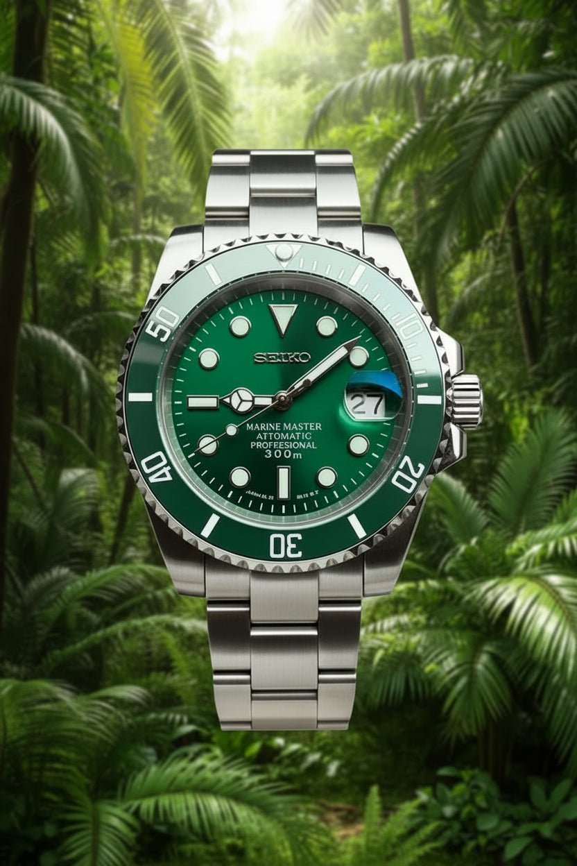 Green and silver watch held in a hand with a blurred background