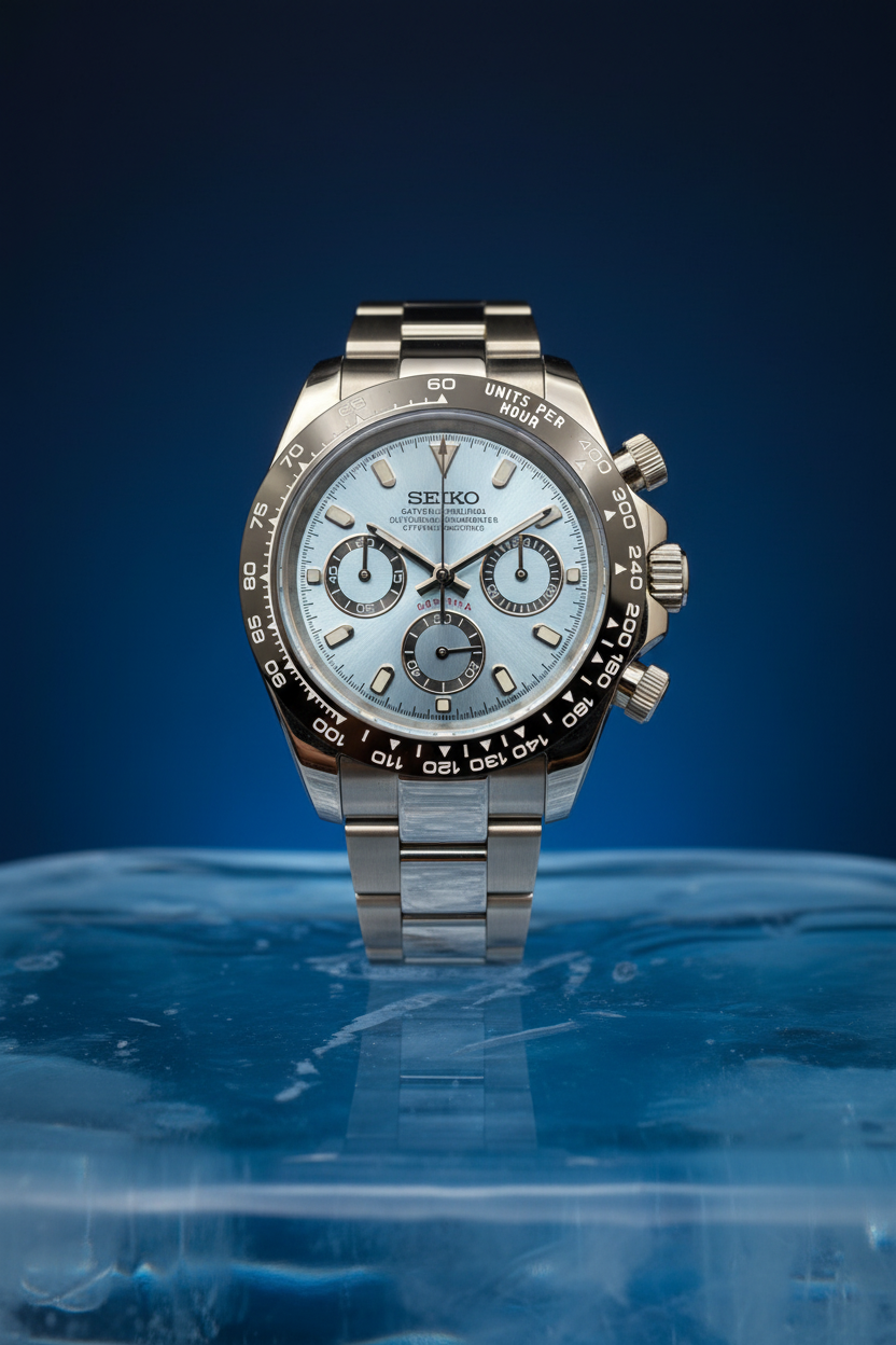 A Seiko Daytona watch with a stainless steel bracelet and case, featuring a light blue dial and a black tachymeter bezel, photographed on a dark gray background.