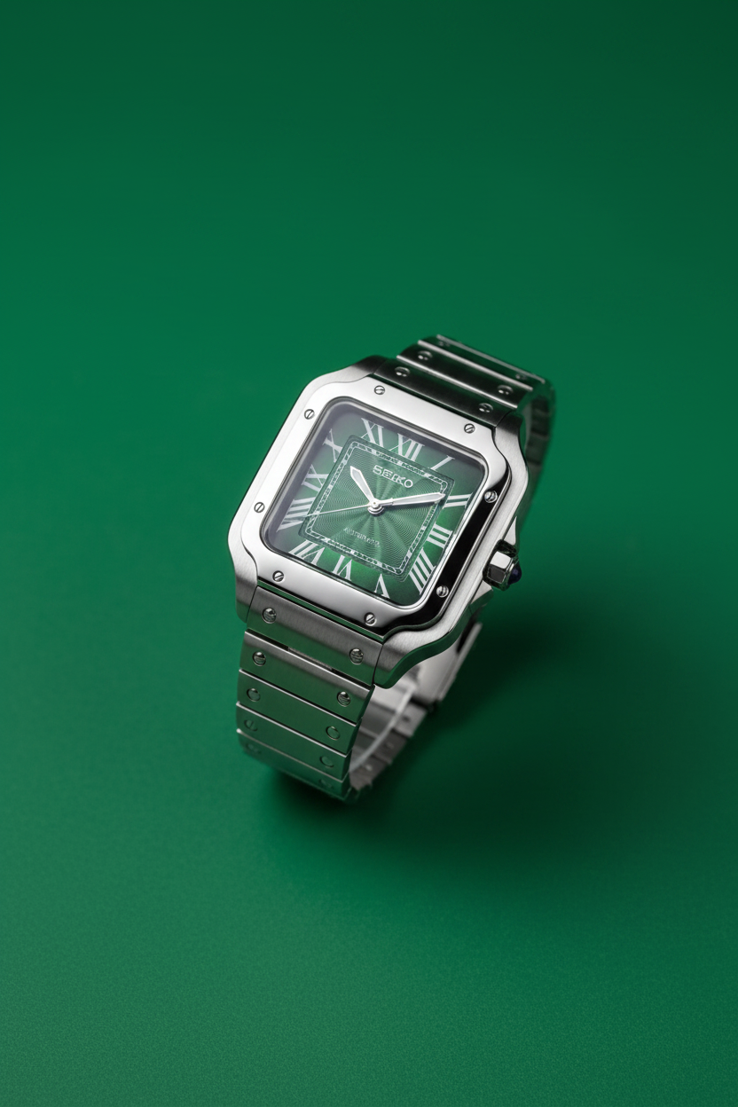 A Seiko Santos watch with a green sunburst dial and silver-tone stainless steel case and bracelet, resting on a gray textured book against a blurred background.