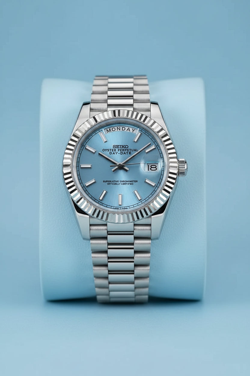 A Seiko Day-Count watch with a silver stainless steel Oyster bracelet, fluted bezel, and a light blue dial featuring a day-of-the-week index layout and a date window.