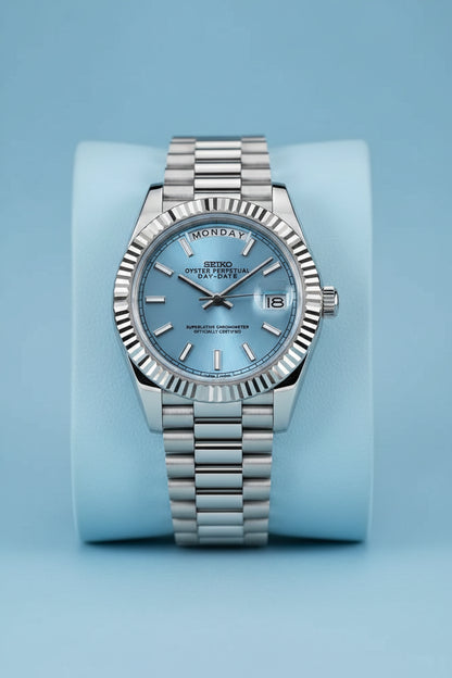 A Seiko Day-Count watch with a silver stainless steel Oyster bracelet, fluted bezel, and a light blue dial featuring a day-of-the-week index layout and a date window.