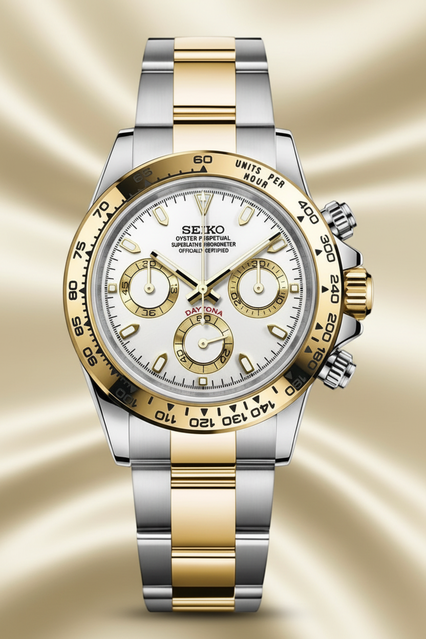A Seiko two-tone stainless steel and gold Daytona watch with a white dial, shown against a solid black background.