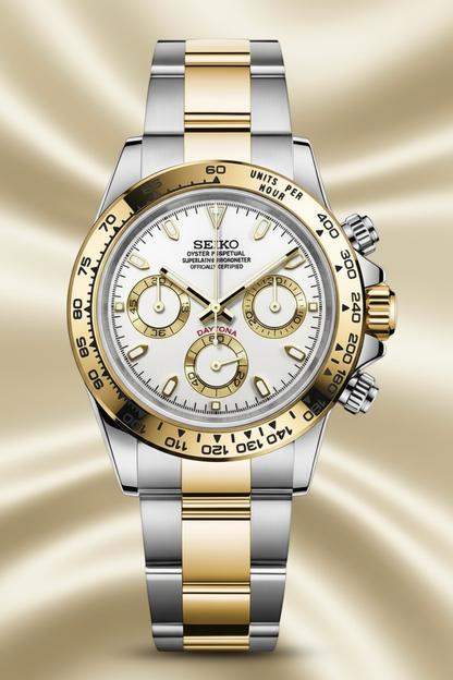 A Seiko two-tone stainless steel and gold Daytona watch with a white dial, shown against a solid black background.