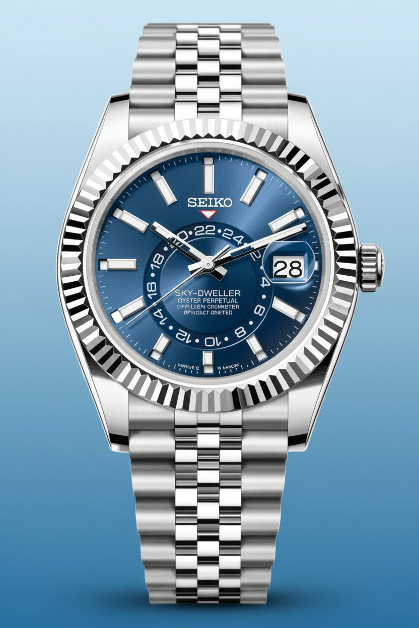 Silver Seiko watch with a blue face on a black background