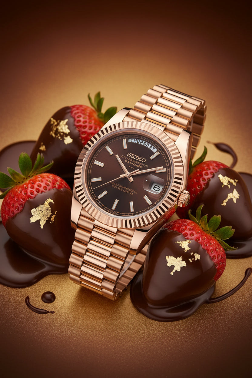 Rose gold watch with a brown dial on a white background