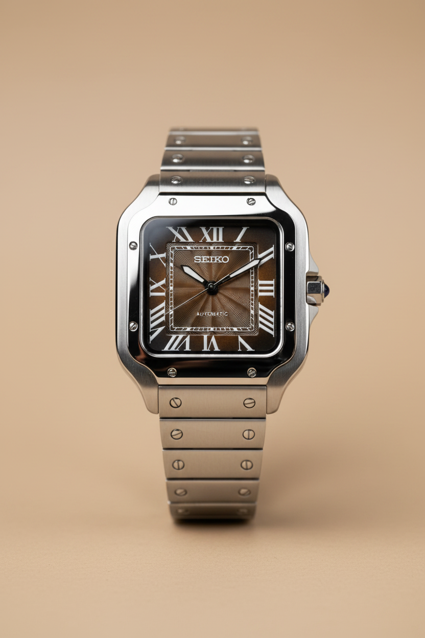 A Seiko Santos watch with a silver-tone stainless steel case and bracelet, featuring a brown sunburst dial with Roman numeral hour markers, resting on a dark surface next to a book.