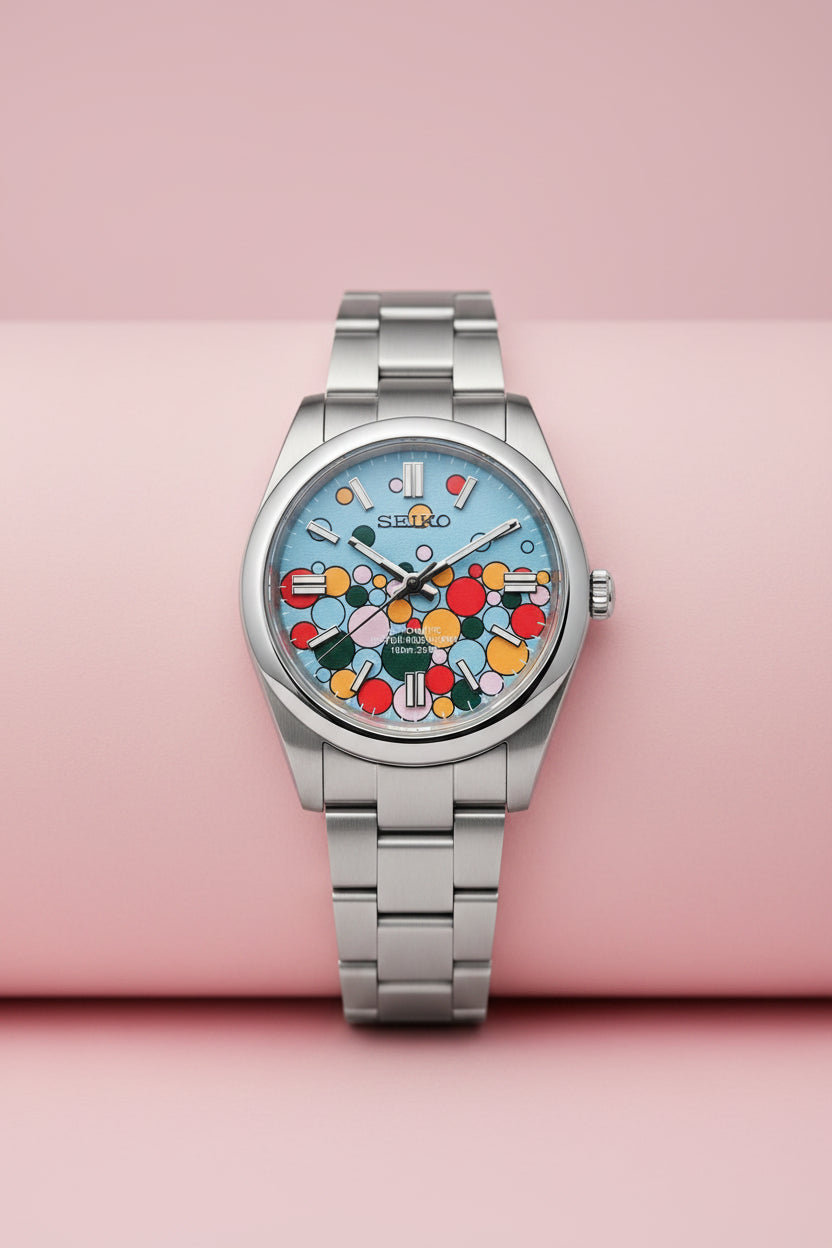 A Seiko stainless steel wristwatch with a colorful floral dial pattern on a black background.