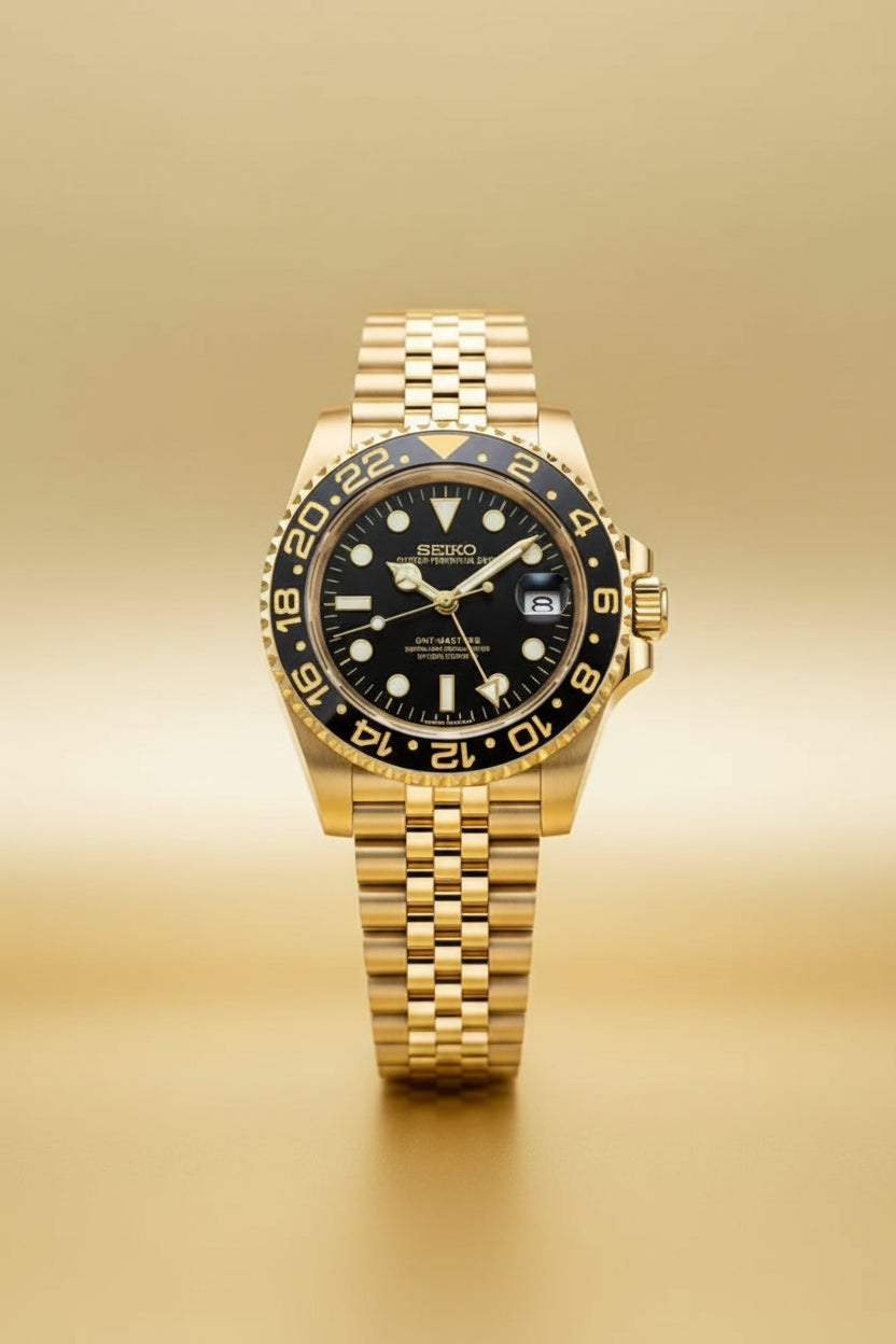 Gold Seiko watch with a black dial on a black background