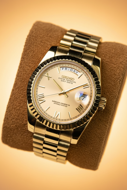 A gold-tone Seiko Oyster Perpetual Datejust watch with a cream-colored dial and a fluted bezel, displayed on a brown suede cushion.