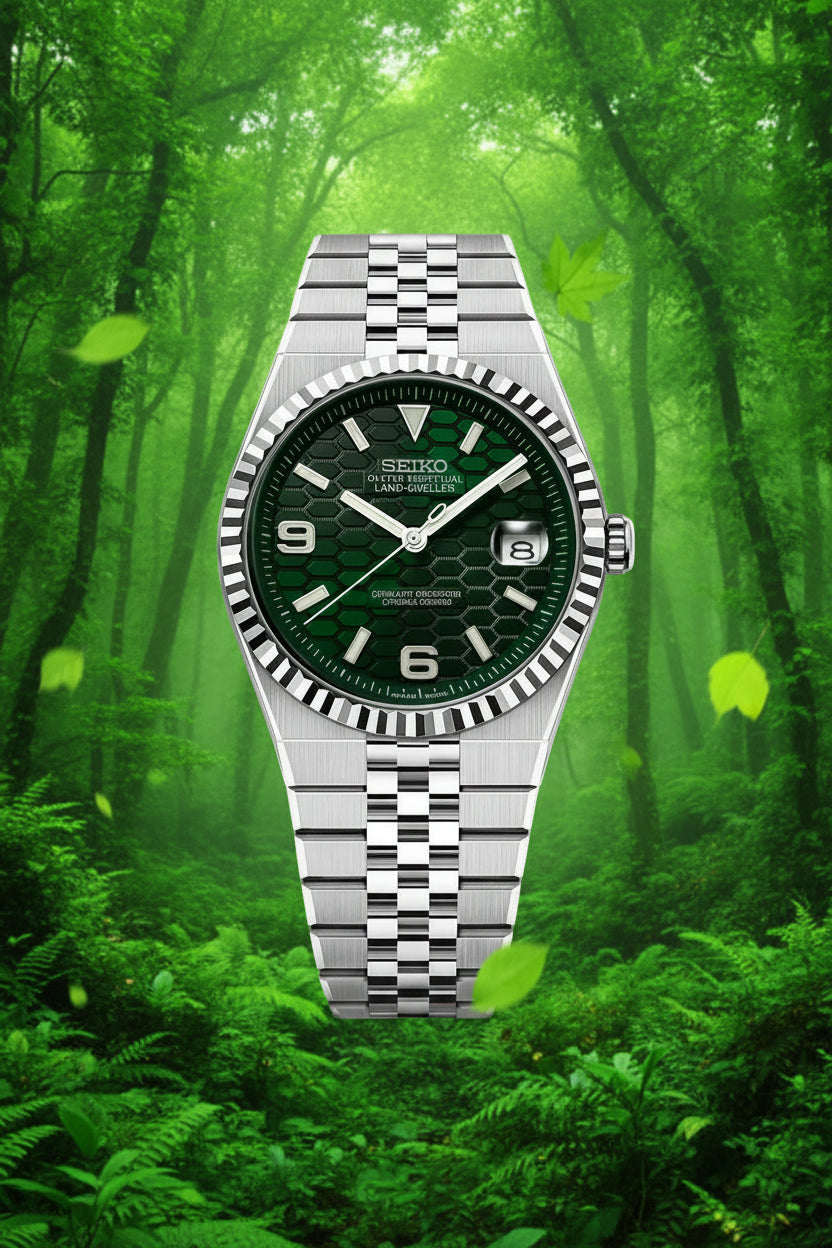 Seiko watch with green face and silver metal bracelet on white background