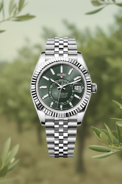 Seiko watch with green face and silver metal bracelet on a white background