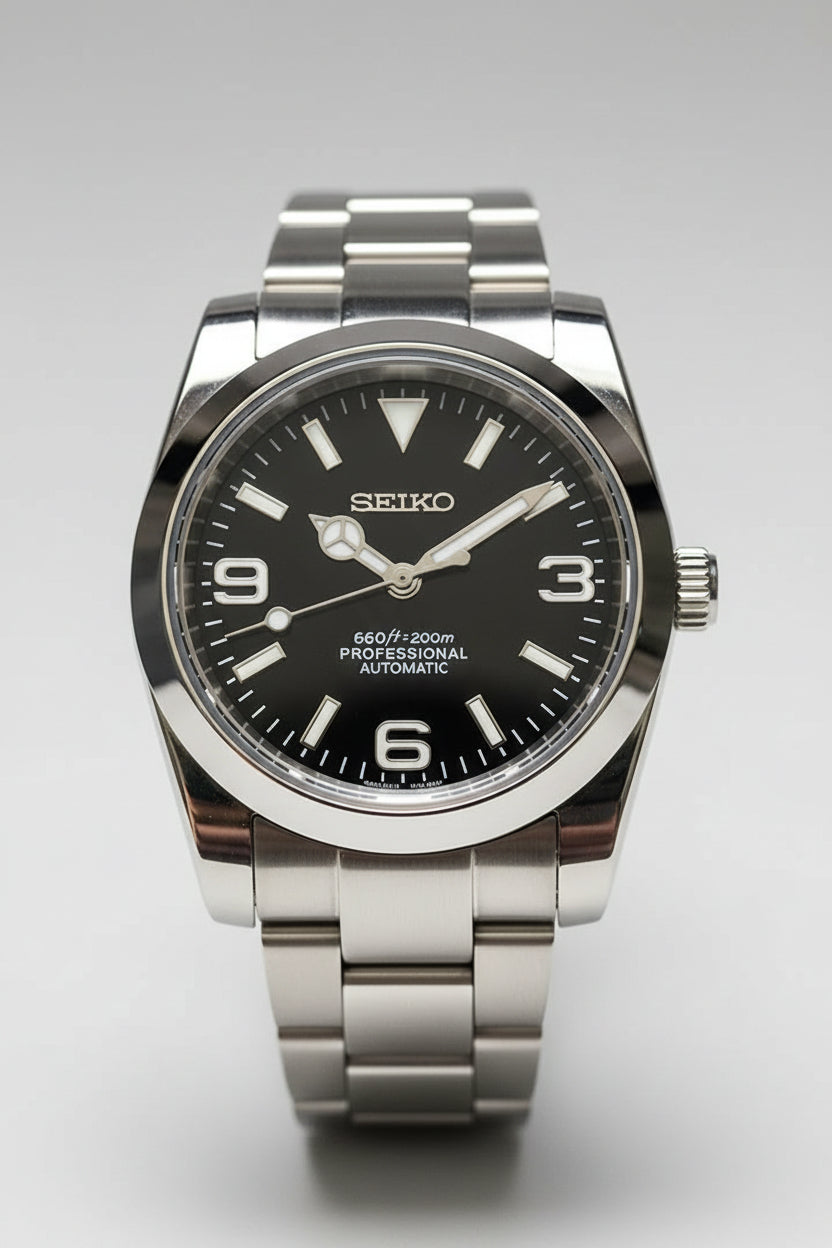 Silver Seiko watch with black dial on a blue fabric background