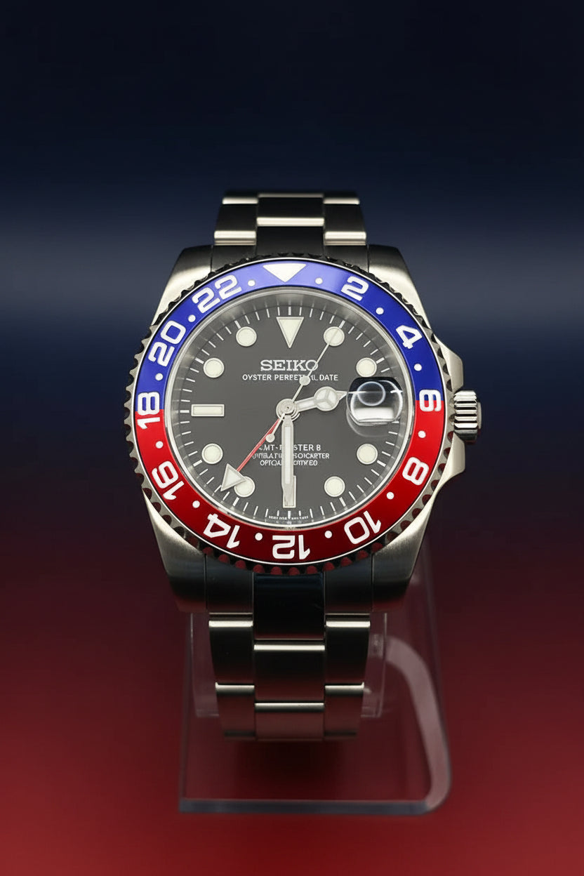 A Seiko Steel Ocean Perpetual watch with a stainless steel case, dark gray dial, and a distinctive red and blue GMT bezel, displayed on a clear stand against a black background.