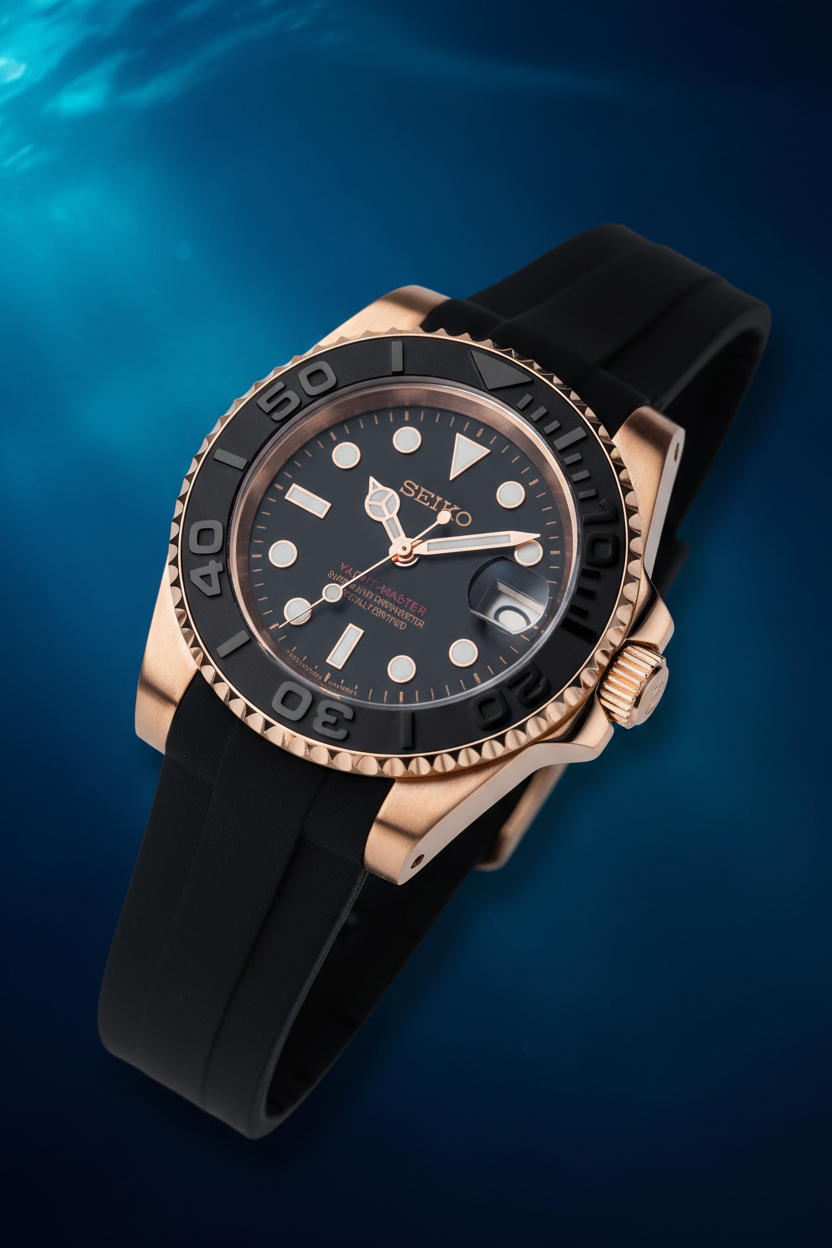 A close-up of a Seiko Yacht-Master automatic chronograph watch with a black dial, black bezel, and rose gold case and strap.