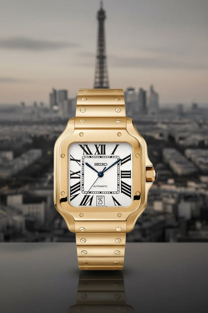 Gold Seiko watch with a white face and black Roman numerals on a black background