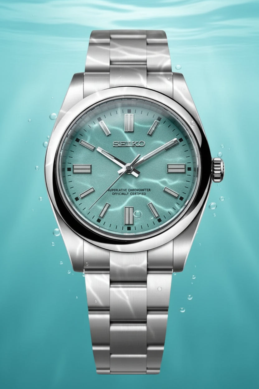 A Seiko stainless steel wristwatch with a silver-tone metal bracelet and a textured light blue-green dial, shown against a solid black background.