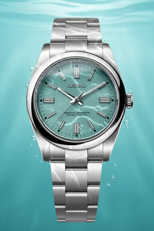 A Seiko stainless steel wristwatch with a silver-tone metal bracelet and a textured light blue-green dial, shown against a solid black background.