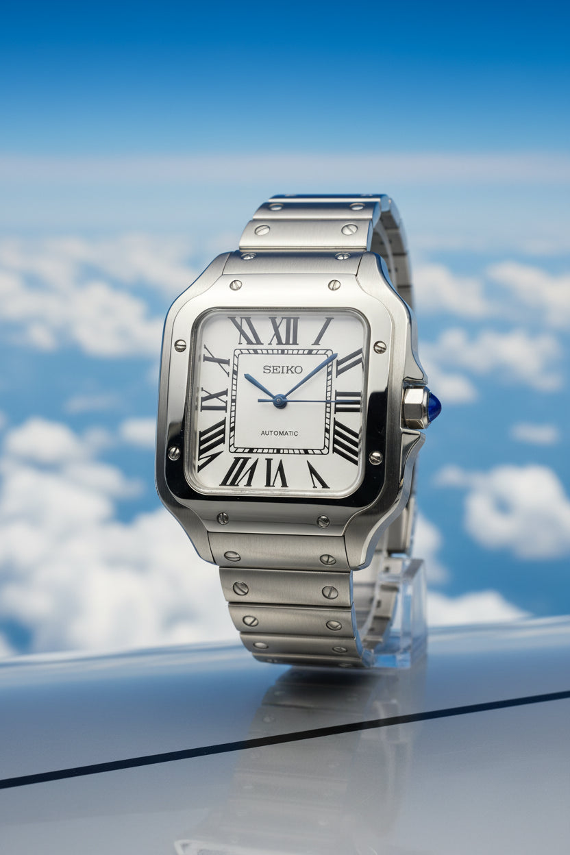 A Seiko stainless steel watch with a square bezel, white dial, black Roman numerals, and a matching metal link bracelet, photographed against a dark gray background.
